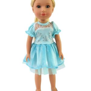 Smaller doll size. Fits 14.5" dolls like Wellie Wishers. Christmas blue snowflake dress.