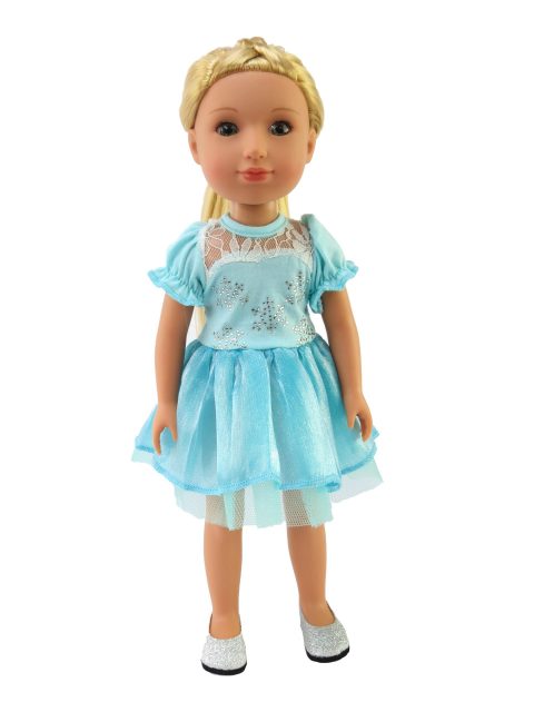 Smaller doll size. Fits 14.5" dolls like Wellie Wishers. Christmas blue snowflake dress.