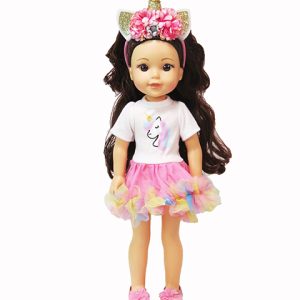 Smaller doll size. Fits 14.5" dolls like Wellie Wishers. Cute designer fabrics tutu dress with headband by American Fashion World.