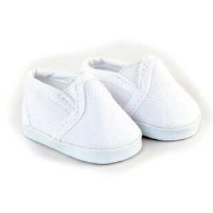 Smaller doll size. Fits 14.5" dolls like Wellie Wishers. Canvas slip on sneakers in white.