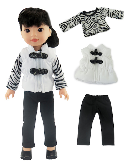 Smaller doll (Wellie size) 14.5" doll white zebra vest outfit