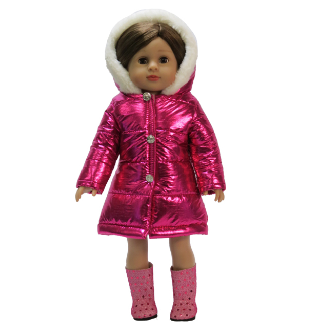 American Fashion World 18 inch doll magenta puffer coat. Hot pink metallic 18" doll coat fits American Girl dolls.