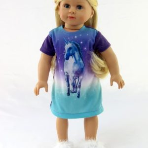 Cute 18" doll unicorn nightgown in purple and blue.