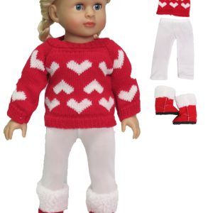 Red Valentine sweater with pants and boots for 18 inch dolls