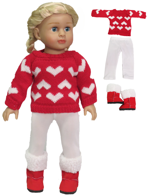 Red Valentine sweater with pants and boots for 18 inch dolls