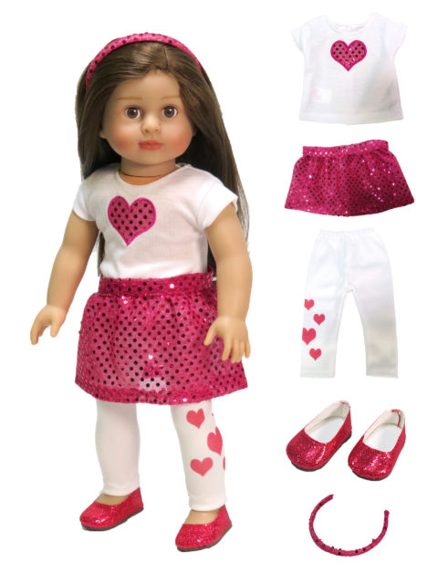 Red Valentine's Day tee, skit, leggings, headband and shoes for 18 inch dolls.