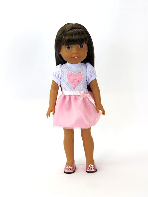Smaller doll size. Fits 14.5" dolls like Wellie Wishers. Pink Valentine dress.