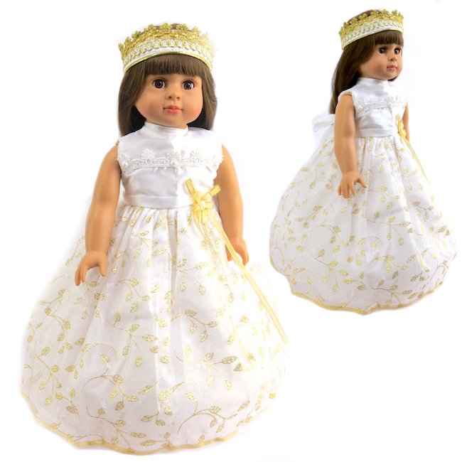 18" doll size beautiful gold and white gown with headband