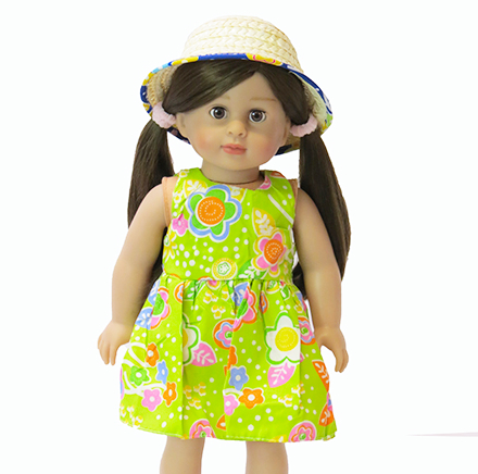 Fun green print dress plus hat for 18 inch dolls