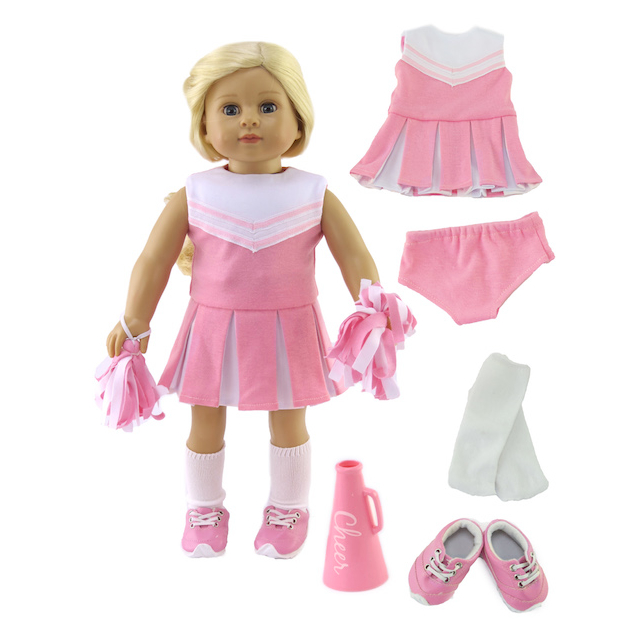 18 inch doll complete pink cheer set with uniform, shoes, socks, poms, megaphone