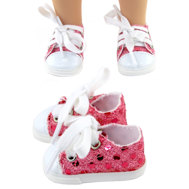 Fits Wellie Wishers doll shoes pink sequin low top sneakers by American Fashion World Doll Clothes for 14" dolls