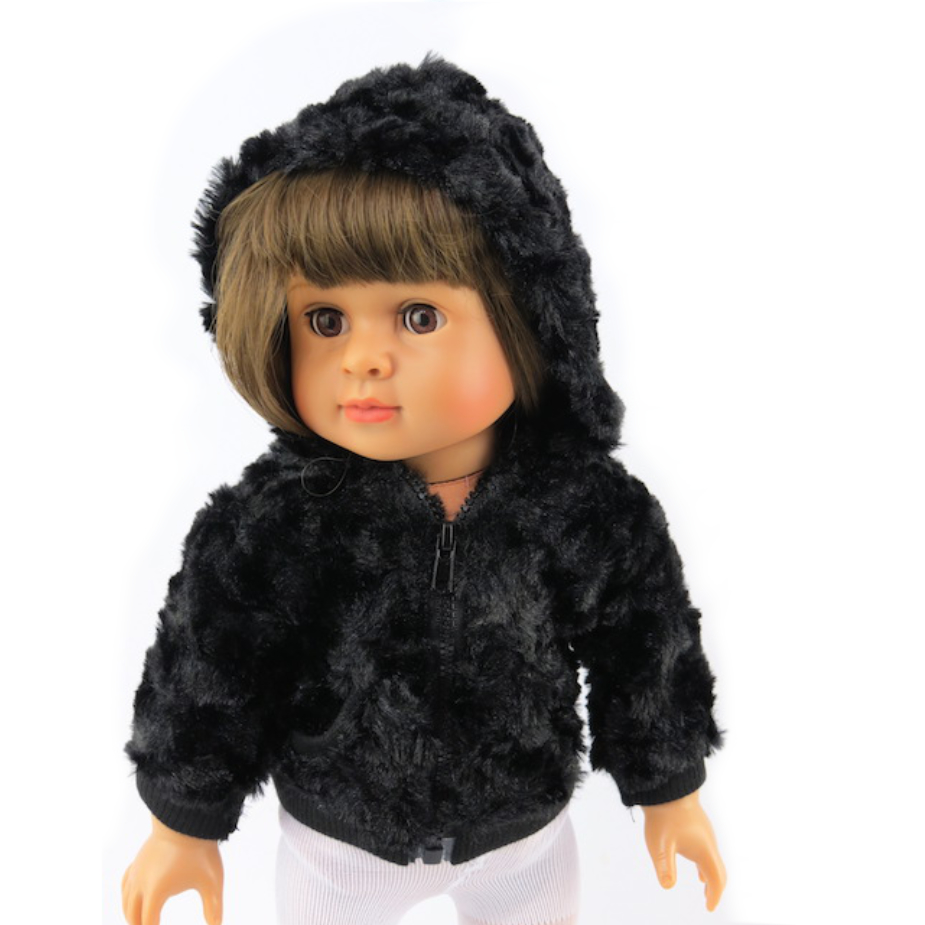 18" doll black fuzzy hoodie by American Fashion World Doll Clothes. Fits American Girl dolls.