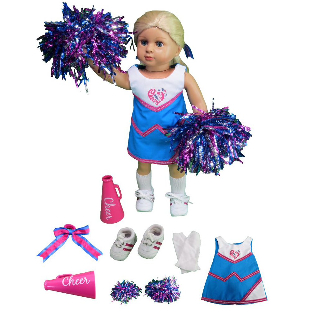 18 inch doll blue and pink complete cheer leading set with cheer uniform, poms, megaphone, hair ribbon, sock and shoes. Fits 18 inch dolls like American Girl.