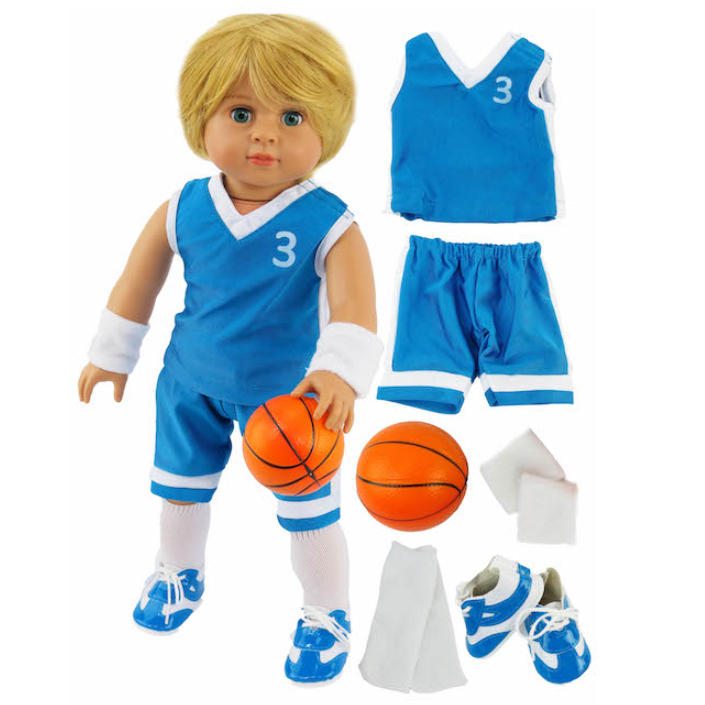 18" boy doll blue basketball outfit set with shoes and ball
