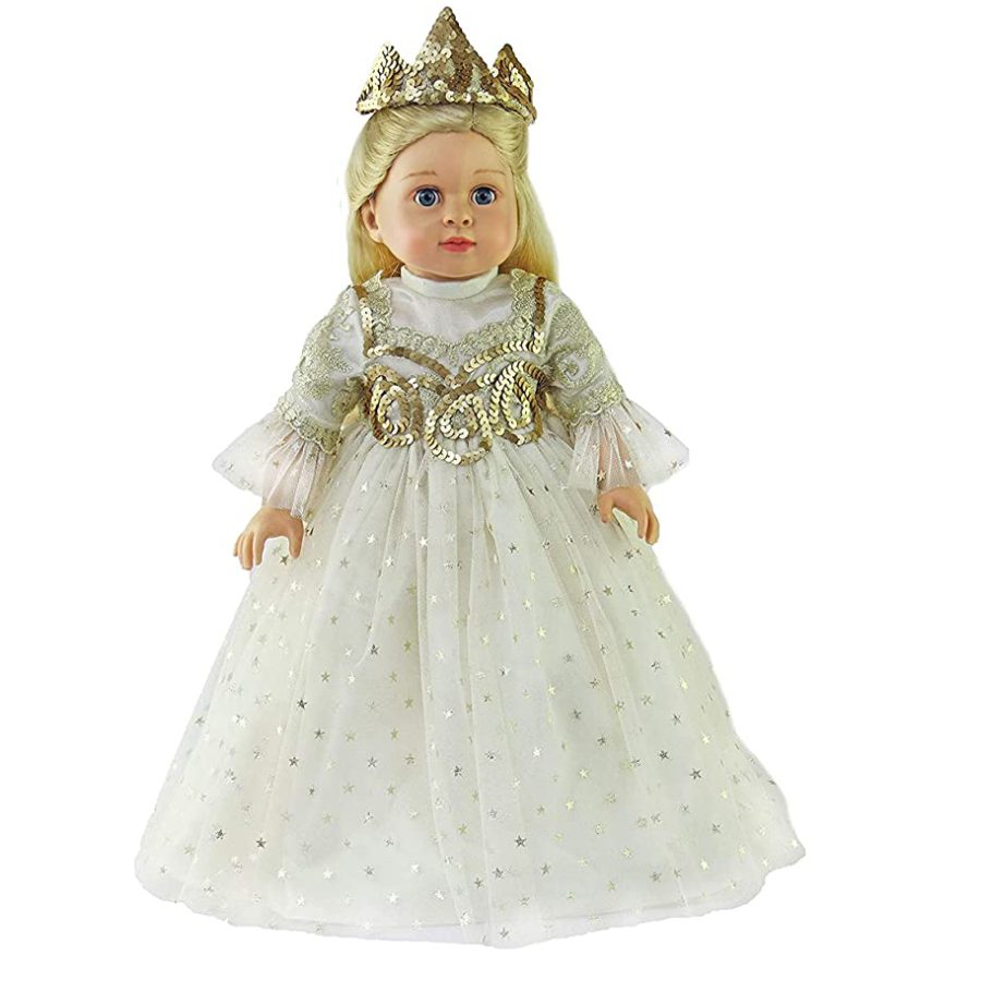 American Fashion World 18" doll clothes gold queen gown plus crown fits American Girl dolls.