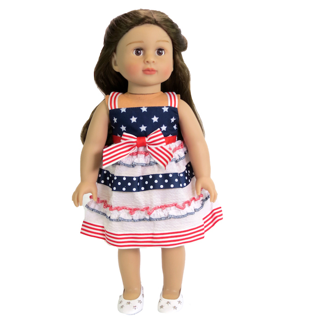 18" doll July 4 dress American Fashion World Doll Clothes flag tiered dress red white blue fits 18 inch dolls like American Girl dolls.