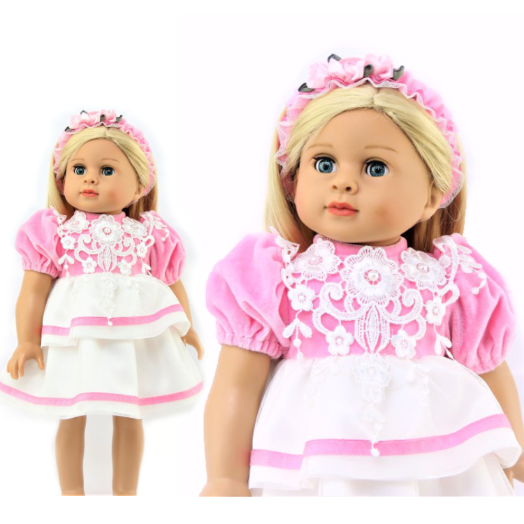 18" doll pink and white velvet party dress by American Fashion World doll clothes. Fits American Girl dolls
