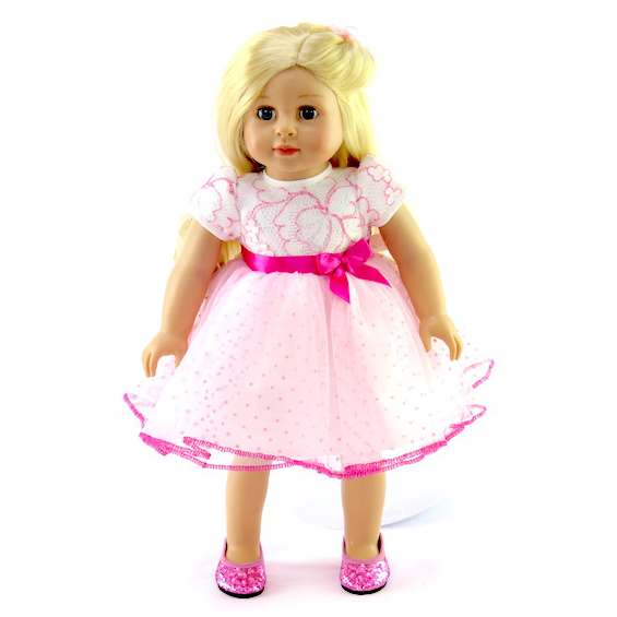 18" doll pink white lace party dress fits American Girl dolls.