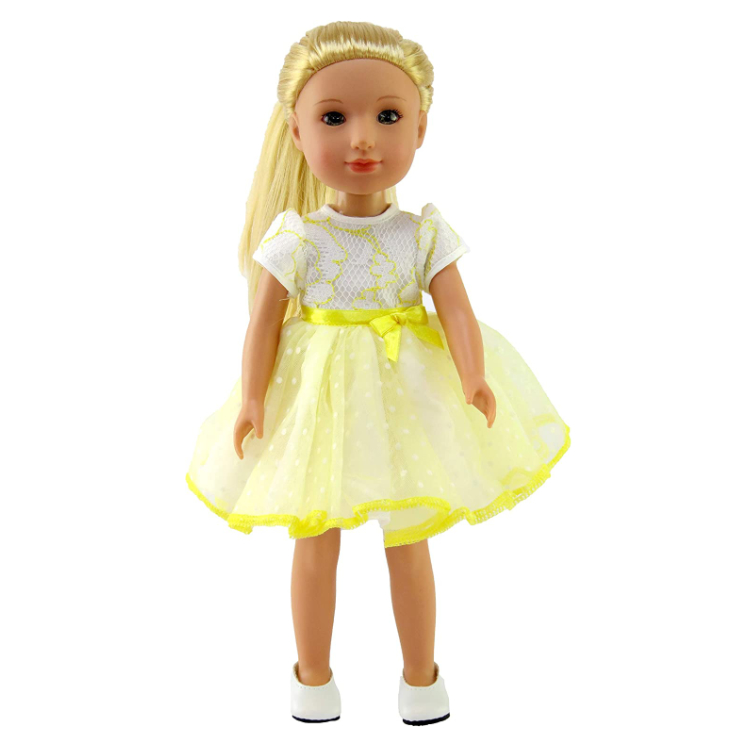 14" doll clothes American Fashion World Wellie wishers yellow white lace polka dot party dress