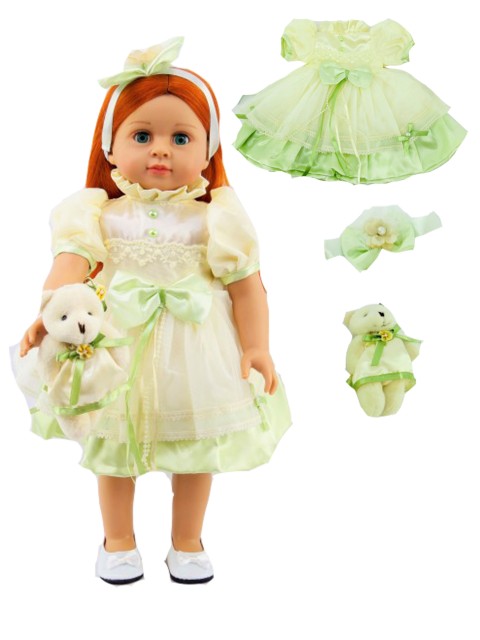 18" doll party dress in yellow and green plus bear and headband.