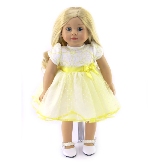 American Fashion World doll clothes yellow lace polka dot 18 inch doll dress fits American Girl dolls