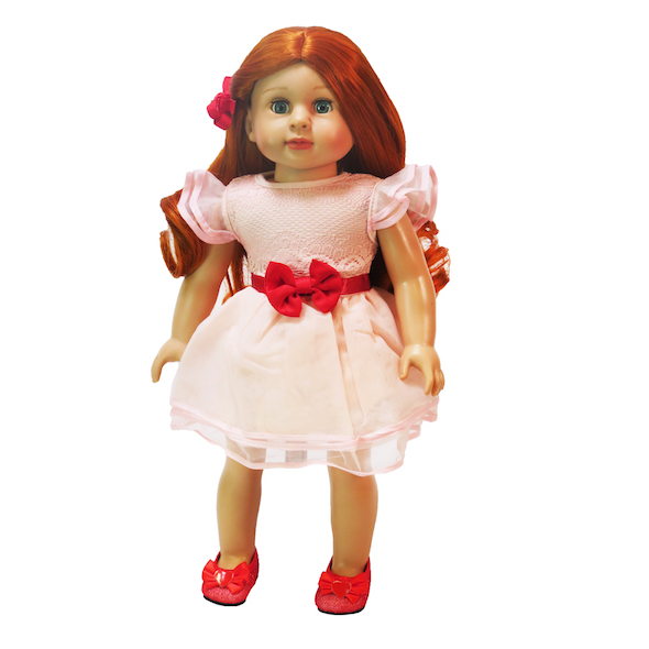 18" doll party dress in peach with red bow by American Fashion World doll clothes.