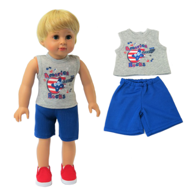18 inch boy doll clothes shorts set tee and shorts July 4 boy doll clothes fits American boy dolls like Logan by American Fashion World doll clothes
