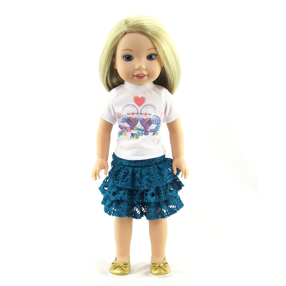 14" doll clothes fits Welliewishers doll clothes Love Birds tee and skirt by American Fashion World.