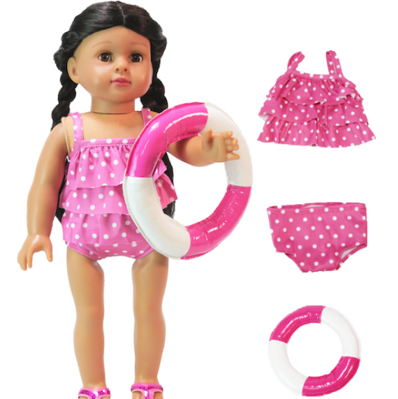18 inch doll pink polka dot bathing suit swimsuit with floatie by American Fashion World doll clothes Fits American Girl dolls