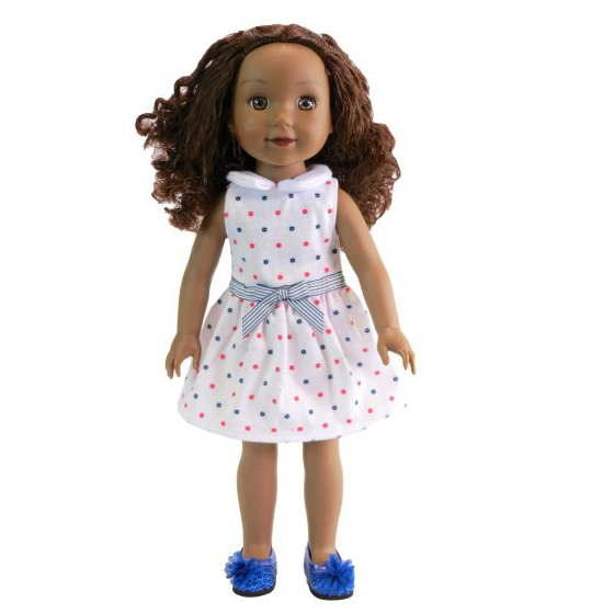 14" doll clothes Wellie Wishers red white blue dot dress by American Fashion World doll clothes. dresses for 14 inch dolls