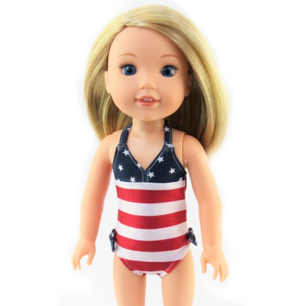 14.5 inch doll bathing suit fits WELLIE WISHERS doll clothes from American Fashion World doll clothes. American flag doll bathing suit