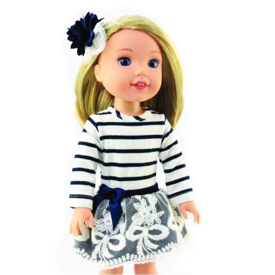 14" DOLL CLOTHES FITS WELLIE WISHERS DOLL DRESSES. Navy white striped Welliewisher size doll dress