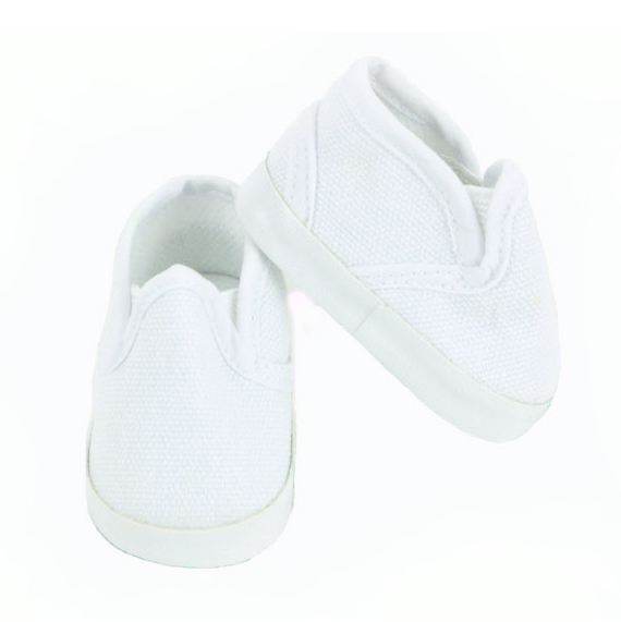 18 inch doll white canvas slip on vans look tennis shoes sneakers by American Fashion World for 18 inch dolls and American Girl dolls.