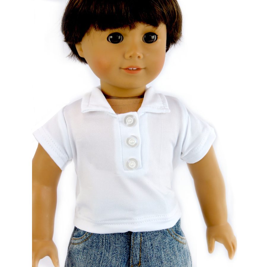 18 inch boy doll clothes white polo t shirt fits 18 inch dolls like Logan boy doll from American Girl. Shop a variety of 18 inch doll clothes at Harmony Club dolls. T shirt made by American Fashion World doll clothes.