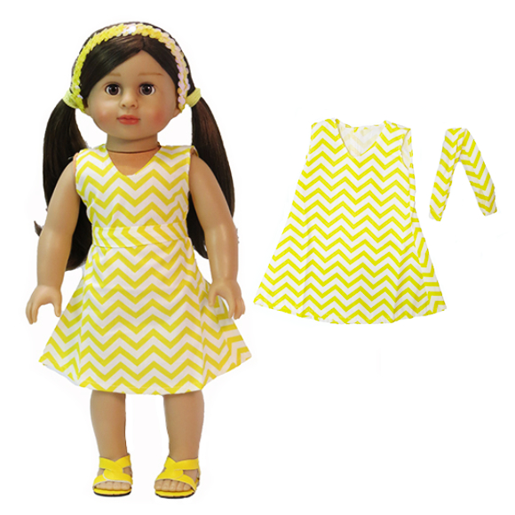 Yellow Chevron 18 inch doll dress with sash.