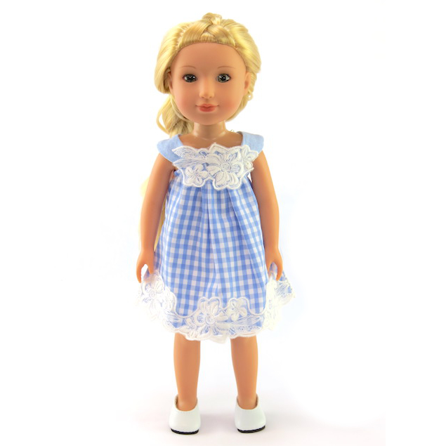 14.5" wellie wishers doll size blue checkered doll dress for 14 inch dolls by American Fashion World doll clothes