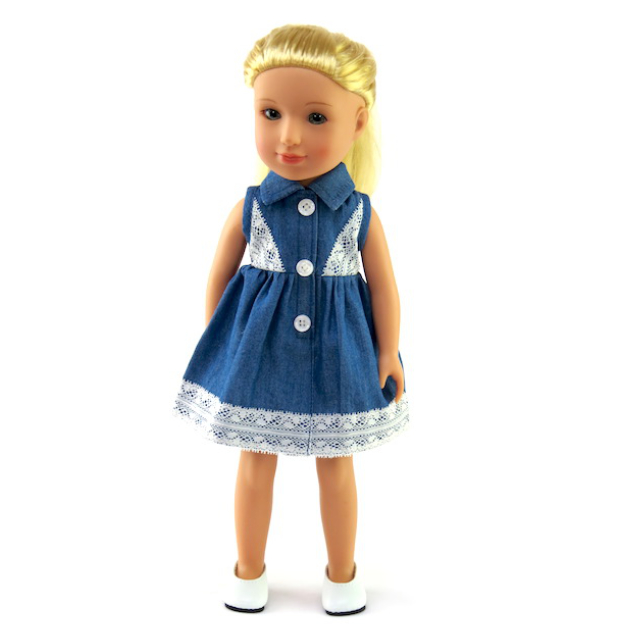 Welliewishers size doll dresses 14.5" doll dress for 14 inch dolls denim and lace doll dress by American Fashion World doll clothes