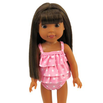 Wellie wishers size 14.5" doll pink polka dot two piece swimsuit by American Fashion World doll clothes