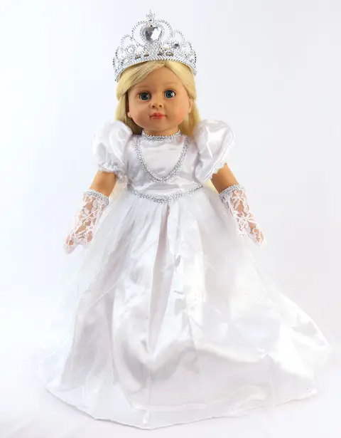 18 inch doll white cinderella princess dress with crown and gloves. white bride American Girl doll size