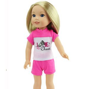 14" doll Wellie pink cheer tee and shorts